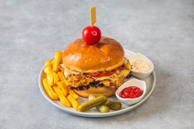 Hausgemachter Hühnchen-Burger, serviert mit einem köstlichen Aussehen.