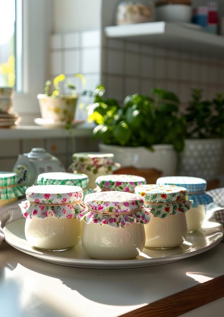 Foto hausgemachter joghurt in glasbehältern auf der küchenplatte in einer modernen küche