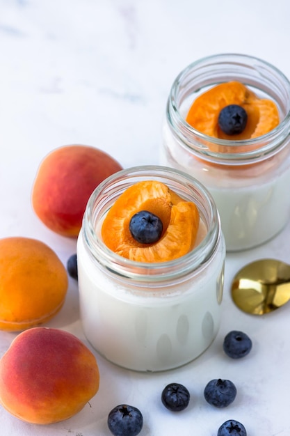 Hausgemachter Joghurt mit Aprikose und Heidelbeeren Blick von oben auf weißem Hintergrund