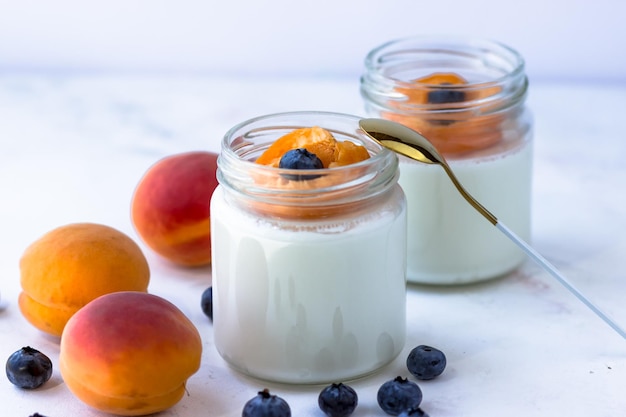 Hausgemachter Joghurt mit Aprikose und Heidelbeeren Blick von oben auf weißem Hintergrund