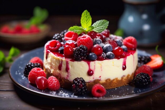 Hausgemachter Käsekuchen mit frischen Beeren und Minze zum Dessert gesunder Bio-Sommer-Dessertkuchen