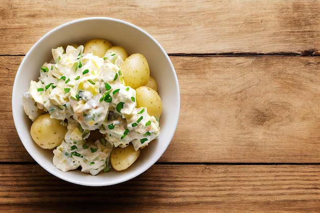 Hausgemachter Kartoffelsalat mit Karottenscheiben und Kräutern auf Holztisch