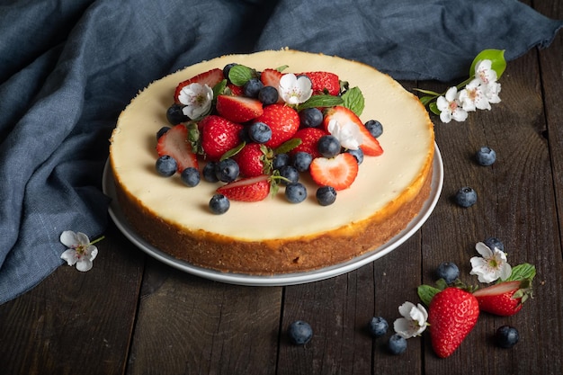 Hausgemachter köstlicher Käsekuchen mit frischen Beeren, Erdbeeren, Heidelbeeren zum Geburtstag eines Mädchens