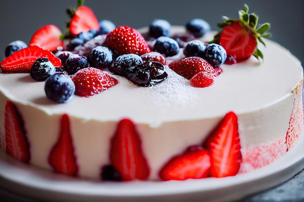 Hausgemachter köstlicher Obstkuchen, dekoriert mit Stücken frischer Erdbeeren