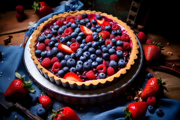 Hausgemachter Kuchen mit Beeren auf einem Holzhintergrund