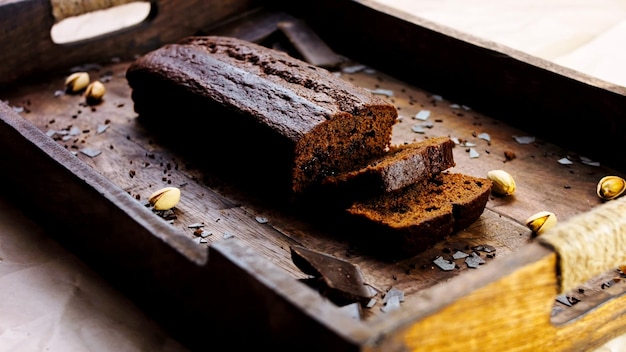 Hausgemachter Kuchen mit Pistazien und Schokolade dekoriert