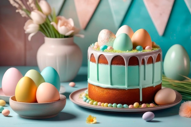 Hausgemachter Kuchen mit Zuckerguss und bunten Zuckereiern zu Ostern