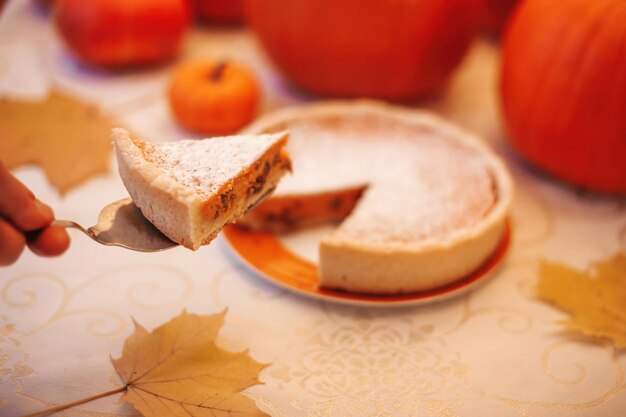 Hausgemachter Kürbiskuchen mit Puderzucker im Herbstlaub und orangefarbene Kürbisse auf dem Küchentisch. Stück Herbstkuchen auf Metallspatel in Nahaufnahme, traditionelles Essen für Thanksgiving und Halloween-Feiertage