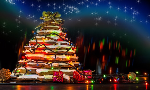 Hausgemachter Lebkuchen-Weihnachtsbaum mit Lichtern auf dunklem Hintergrund. Mockup für saisonale Angebote und Urlaubspostkarte