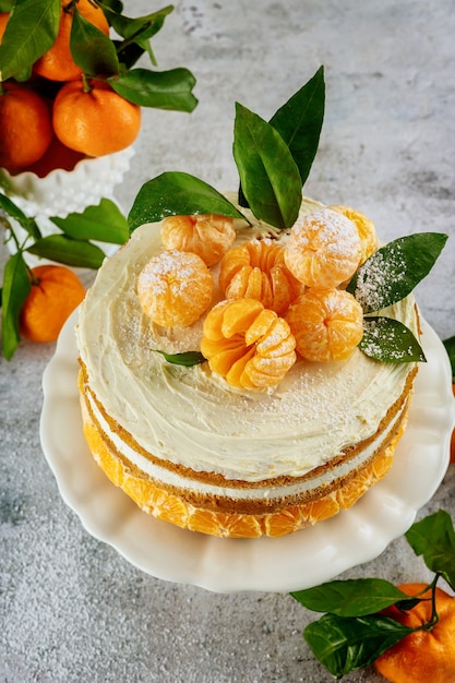 Hausgemachter Obstkuchen mit frischer Mandarine. Nahansicht.