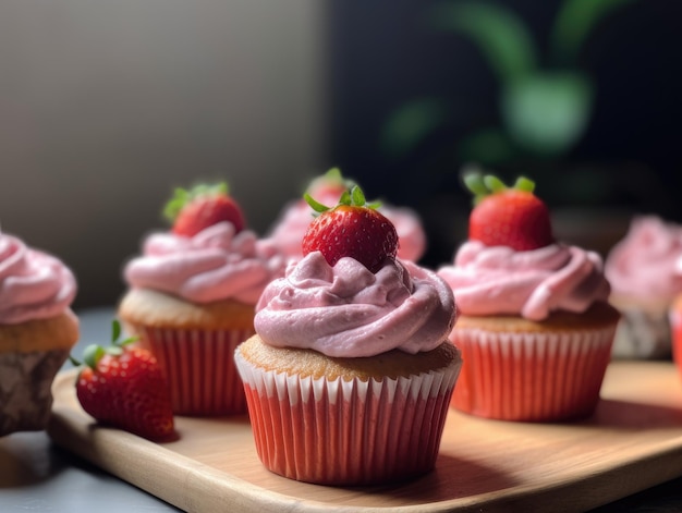 Hausgemachter rosa süßer Cupcake mit Erdbeeren Generative KI