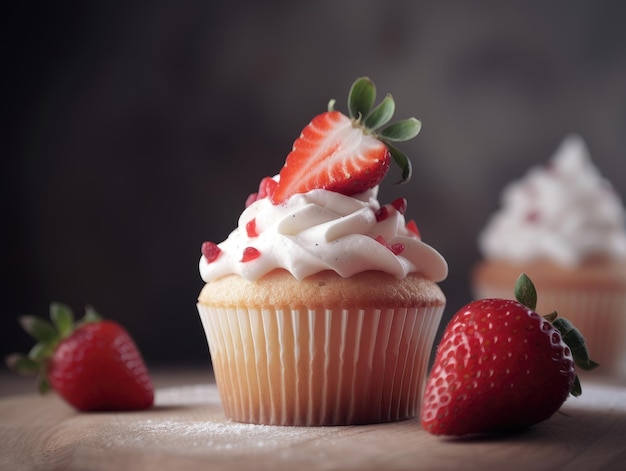 Hausgemachter rosa süßer Cupcake mit Erdbeeren Generative KI