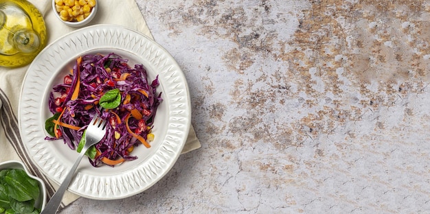 Hausgemachter Rotkohlsalat mit Mais, Karotten, Granatapfel und Spinat. Veganes foof-Konzept. Gesundes Essen