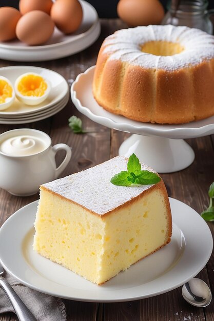 Hausgemachter runder Schwammkuchen oder Chiffonkuchen auf weißem Teller so weich und köstlich mit Zutaten