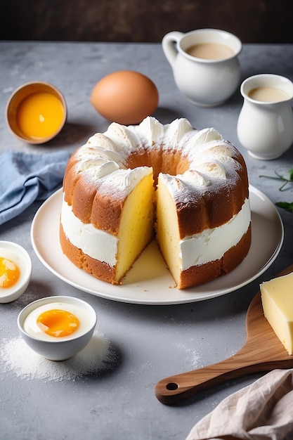 Hausgemachter runder Schwammkuchen oder Chiffonkuchen auf weißem Teller so weich und köstlich mit Zutaten