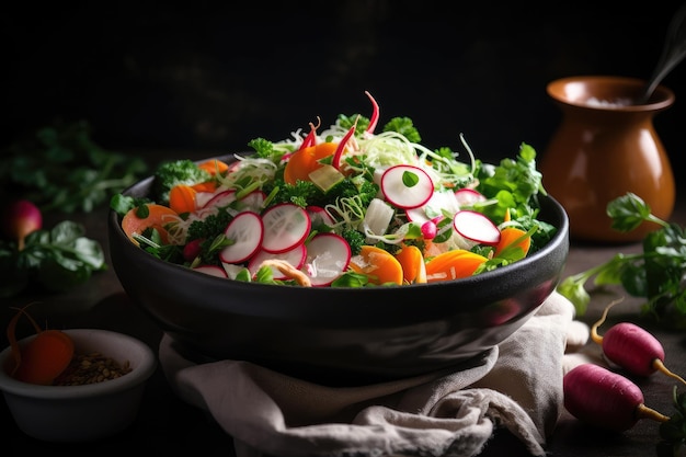 Hausgemachter Salat mit frisch gepflücktem Gemüse und Kräutern, garniert mit knackigem Rettich