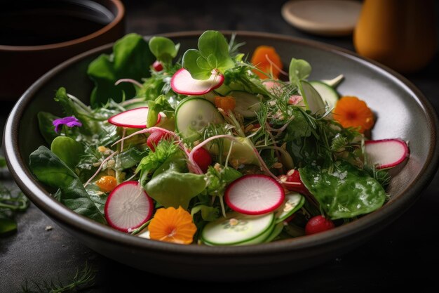 Hausgemachter Salat mit frisch gepflücktem Gemüse und Kräutern, garniert mit knackigem Rettich