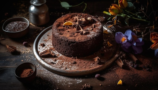 Hausgemachter Schokoladen-Brownie auf rustikalem Holztisch, generiert von KI