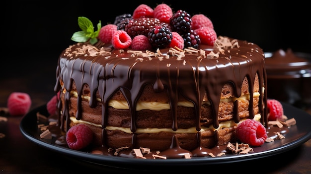 hausgemachter Schokoladenkuchen mit Erdbeeren und Schokolade dekoriert