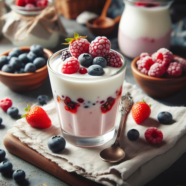 Hausgemachter süßer Joghurt mit gefrorenen Beeren in einem Glas auf dem Tisch