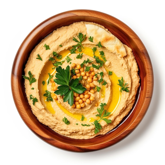 Foto hausgemachter traditioneller hummus auf einer keramikplatte auf weißem hintergrund