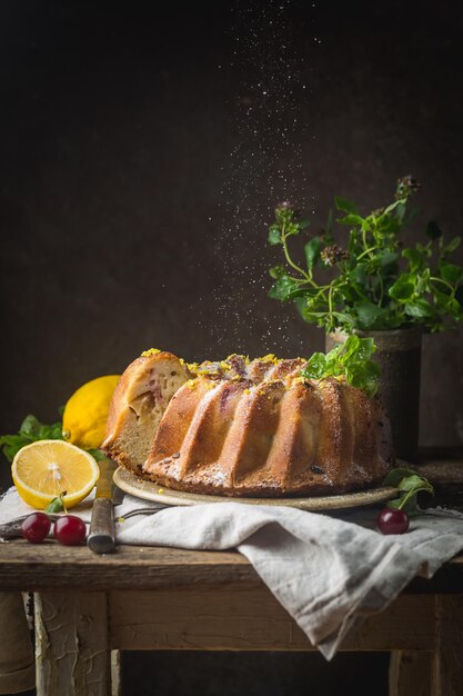 Hausgemachter Zitronenkuchen mit Puderzucker auf schwarzem Hintergrund