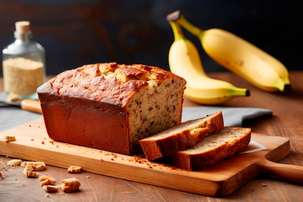 Hausgemachtes Bananenbrot mit Schokoladenchips auf einem Holztisch