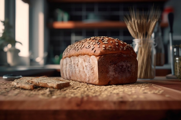 Hausgemachtes biologisches und gesundes Vollkorn-Mehrkornbrot auf einem Holztisch, der von der KI erzeugt wurde