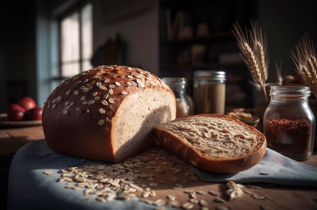 Hausgemachtes biologisches und gesundes Vollkorn-Mehrkornbrot auf einem Holztisch, der von der KI erzeugt wurde