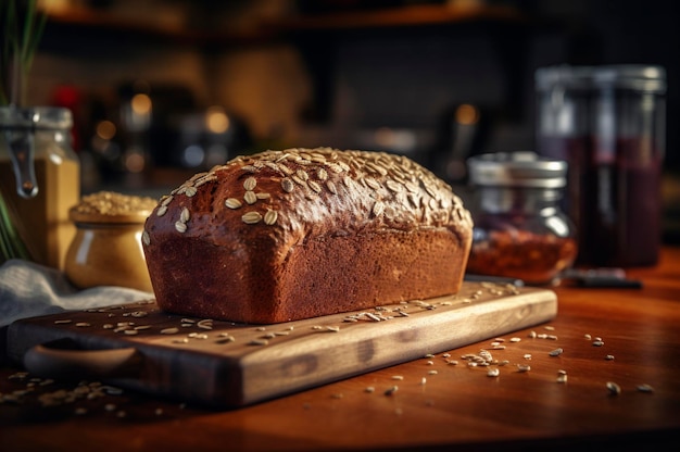 Hausgemachtes biologisches und gesundes Vollkorn-Mehrkornbrot auf einem Holztisch, der von der KI erzeugt wurde