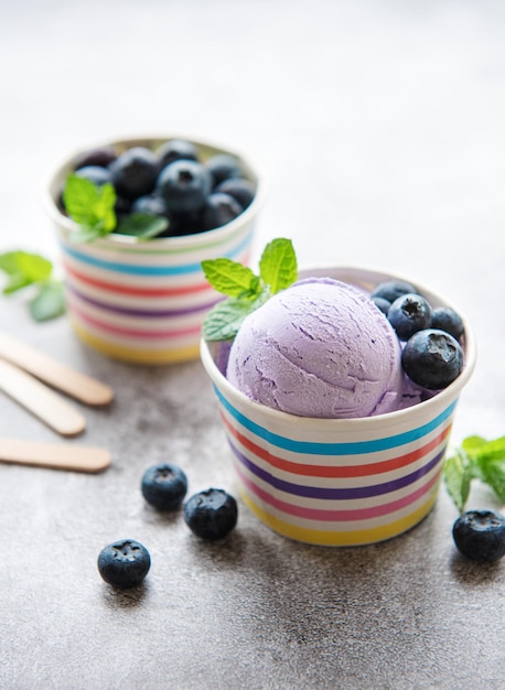 Hausgemachtes Blaubeereis mit frischen Blaubeeren