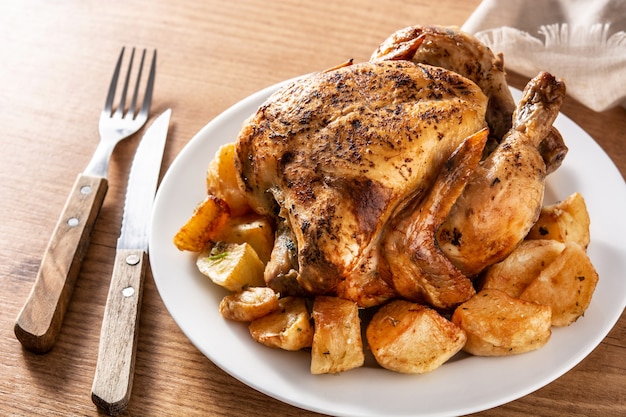 Hausgemachtes Brathähnchen mit Kartoffeln auf Holztisch