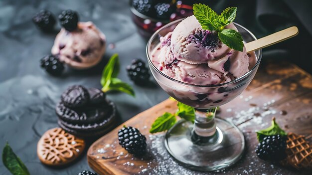 Hausgemachtes Eis mit Schwarzbeeren und Minze in einem Glas auf dunklem Hintergrund