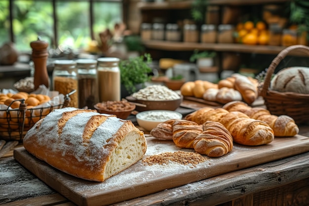 hausgemachtes frisch gebackenes Sauerteigbrot und Gebäck in einer rustikalen, gemütlichen Küche