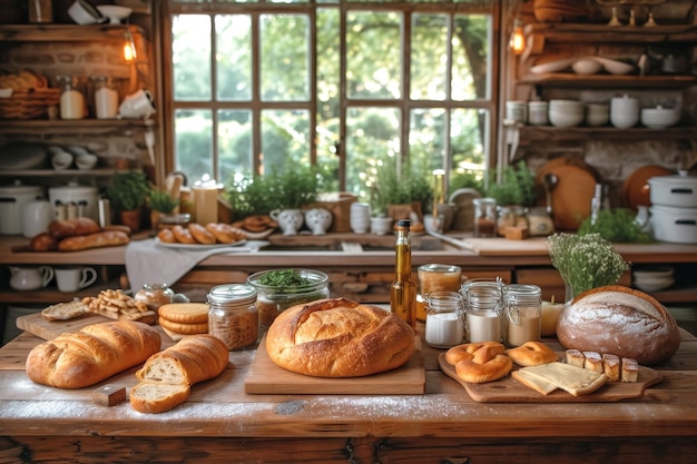 hausgemachtes frisch gebackenes Sauerteigbrot und Gebäck in einer rustikalen, gemütlichen Küche