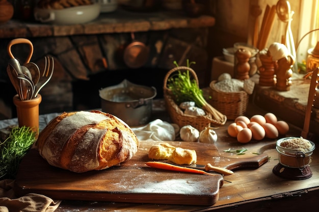 hausgemachtes frisches und großes Brot und Zutaten in gemütlicher rustikaler Küchennahrungsmittelkomposition