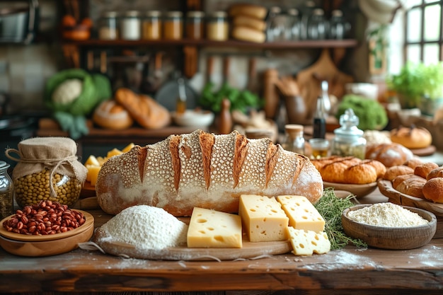 hausgemachtes frisches und großes Brot und Zutaten in gemütlicher rustikaler Küchennahrungsmittelkomposition