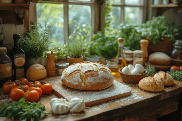 hausgemachtes frisches und großes Brot und Zutaten in gemütlicher rustikaler Küchennahrungsmittelkomposition