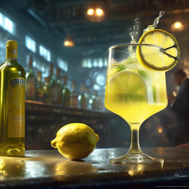 Hausgemachtes Limoncello-Spritzgetränk aus Likör, Sekt und Zitrone in einem Cocktailglas