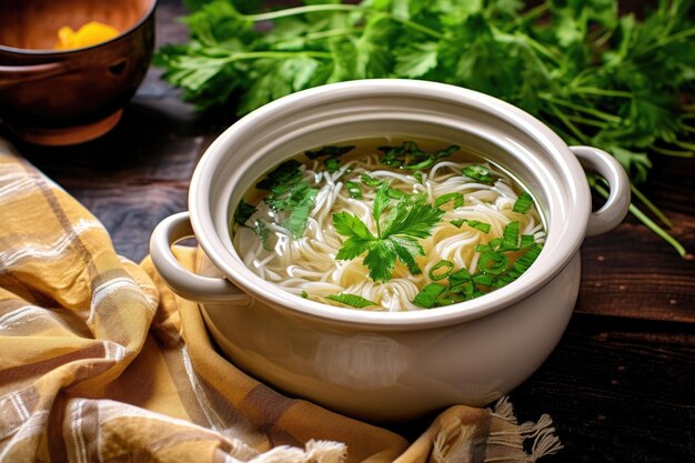 Hausgemachtes Pho in einer Keramikschale mit einer Leinentischdecke im Hintergrund