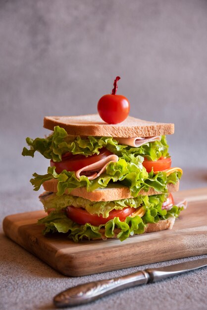 Hausgemachtes Sandwich mit Käse, Schinken, Tomaten und Gemüse