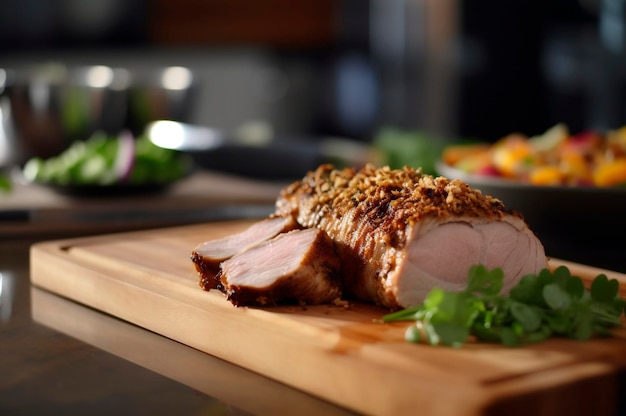 Hausgemachtes Schweinefilet mit Bratkartoffeln feinen Kräutern und Mandeln auf Schneidebrett AI erzeugt