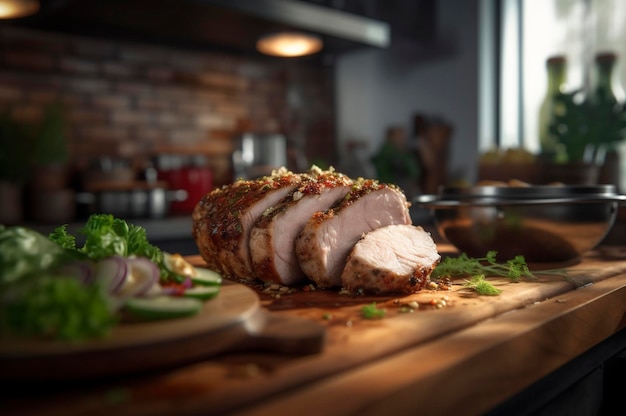 Hausgemachtes Schweinefilet mit Bratkartoffeln feinen Kräutern und Mandeln auf Schneidebrett AI erzeugt