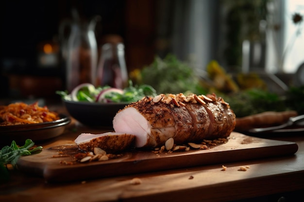 Hausgemachtes Schweinefilet mit Bratkartoffeln feinen Kräutern und Mandeln auf Schneidebrett AI erzeugt