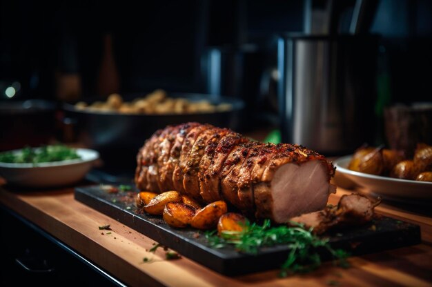 Hausgemachtes Schweinefilet mit Bratkartoffeln feinen Kräutern und Mandeln auf Schneidebrett AI erzeugt