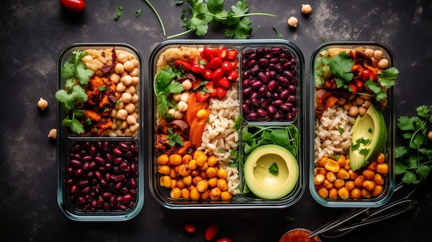 Hausgemachtes veganes Essen in Lunchboxen mit gesundem Gemüse