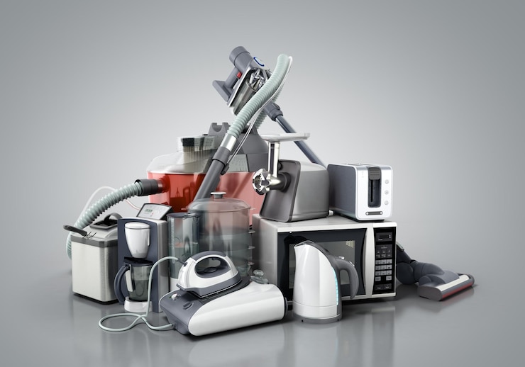 Foto haushaltsgeräte gruppe von staubsauger mikrowellen-eisen kaffeemaschine dampfkessel toaster fleischmäher isoliert auf grauem hintergrund 3d
