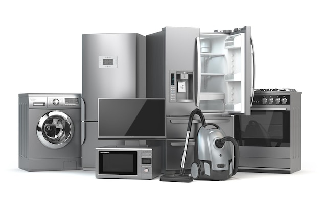 Haushaltsgeräte Set Haushaltsküchentechnik isoliert auf weißem Hintergrund Kühlschrank Gasherd Mikrowelle Waschmaschine und Staubsauger 3d