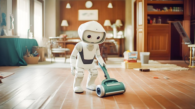 Haushaltsroboter und Heimassistent saugen im Wohnzimmer eines Hauses Konzept der Zukunftstechnologie und künstliche Intelligenz