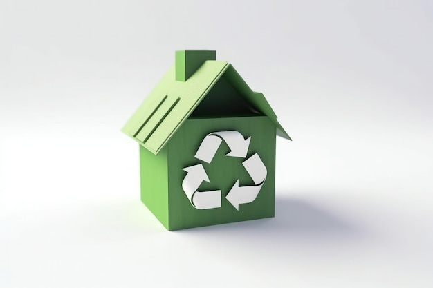 Hausillustration mit Recycling-Symbol, Umweltschutzkonzept, weißer Hintergrund, KI
